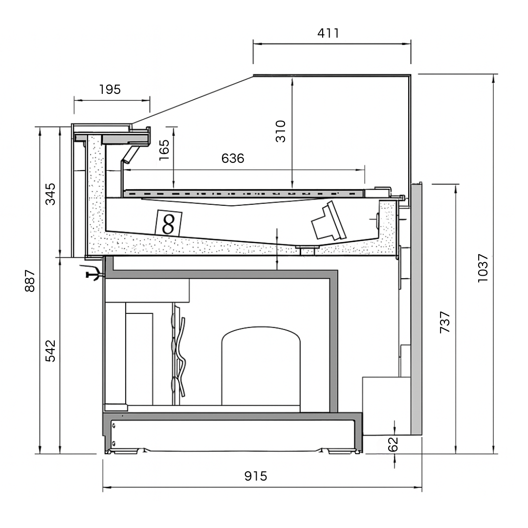 Technische tekening met afmetingen van koeltoonbank voor winkels