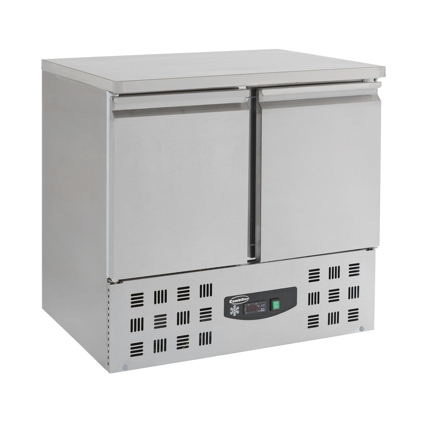Vrieswerkbank 2 Deuren - 7450.0079 - Stainless steel two-door undercounter freezer with digital control panel and ventilation grilles.