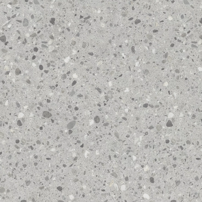 HPL plaatmateriaal Terrazzo Grijs Satin beleef je de look van gebroken marmer of granietkorrels in cement. 