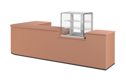 winkelinrichting op maat met lichtroze toonbank, geïntegreerde glazen vitrine en modern bakkerij winkelinterieur met minimalistisch design