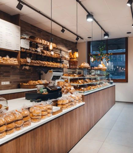 winkelinrichting op maat met houten bakkerijtoonbank, glazen vitrines, broodproductpresentatie en modern bakkerij winkelinterieur