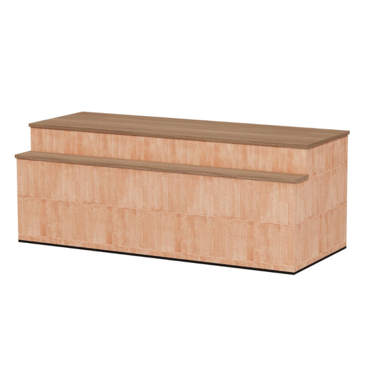 Moderne rechthoekige toonbank met terracotta keramische tegellook, toffee walnoothouten blad en tweelaags design, warm en eigentijds ontwerp.