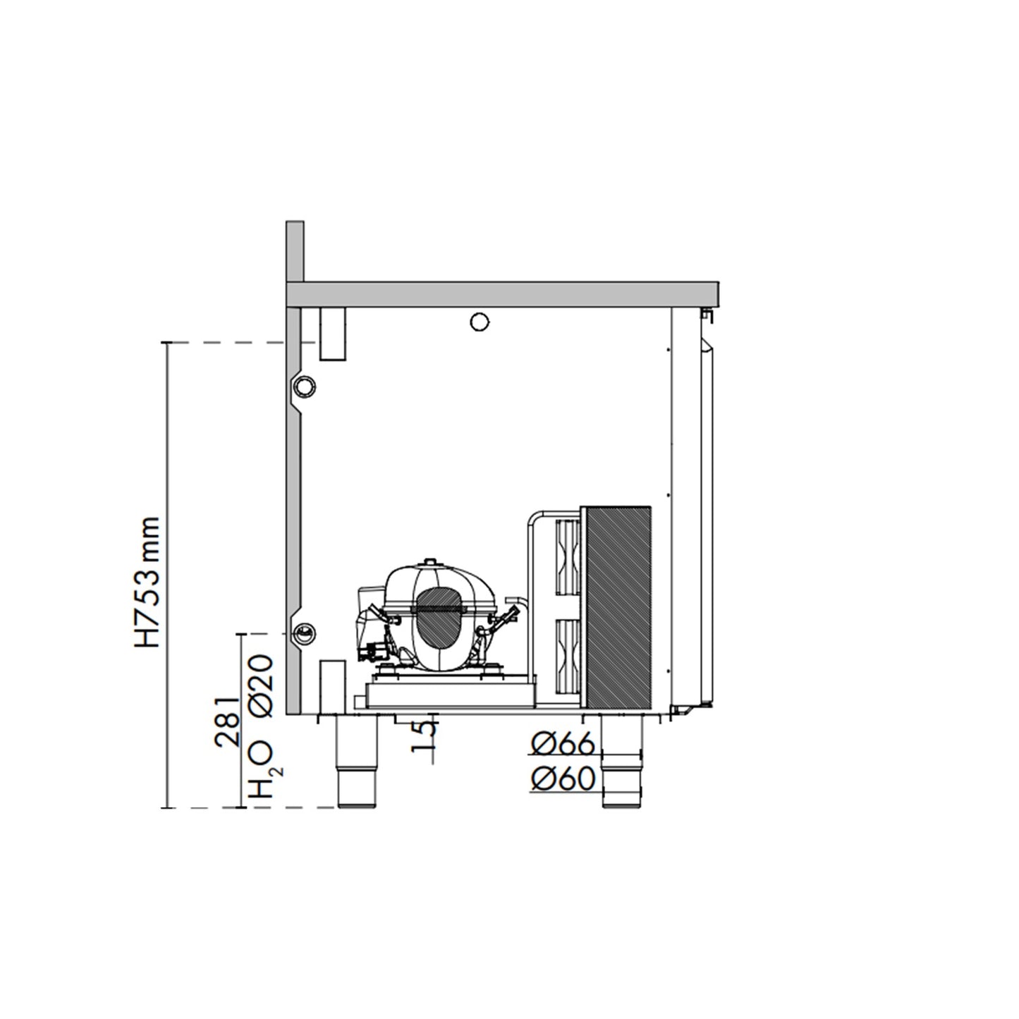 Dieptekoelwerkbank met 2 deuren, zonder werkblad, technische tekening met afmetingen in cm.