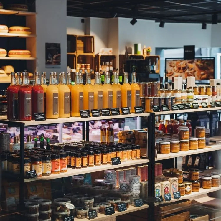 winkelinrichting op maat met zwarte metalen winkelstelling, houten schappen en productpresentatie van flessen en delicatessen in speciaalzaak winkelinterieur
