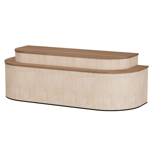 Luxe en warme toonbank HONNY 2-laags met zandkleurige tegels en toffee walnoot werkblad.