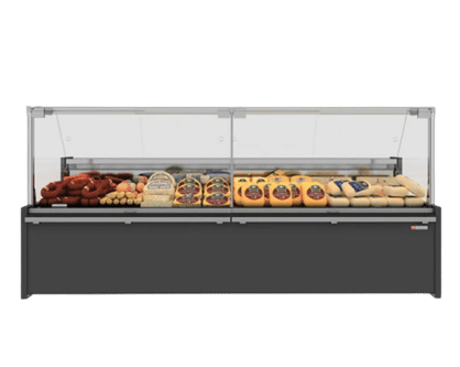 gekoelde vitrine met glazen opbouw voor kaas en delicatessen presentatie in versspeciaalzaak