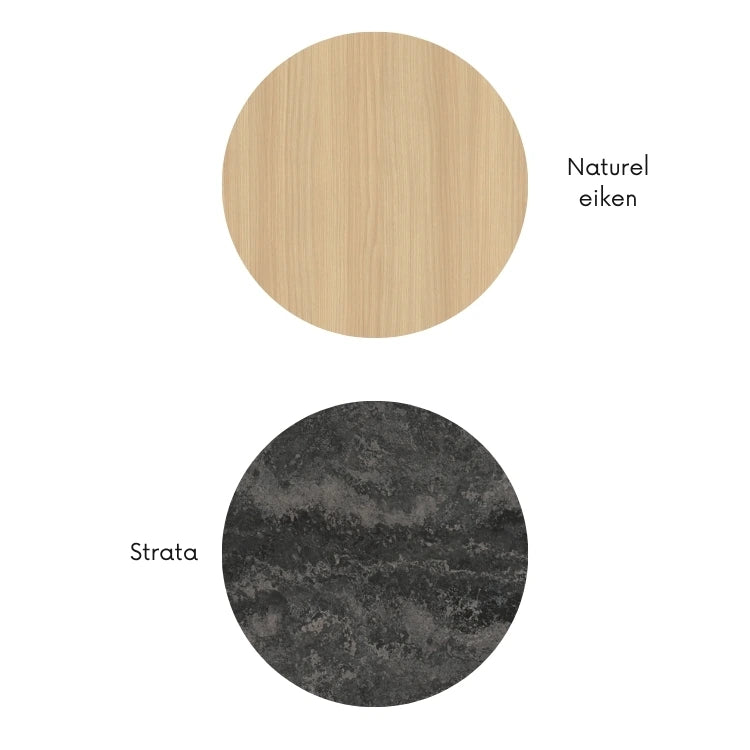 Materiaalcombinatie met naturel eiken houtlook en donkere Strata steenlook in grijszwarte tinten, weergegeven als ronde kleurstalen.