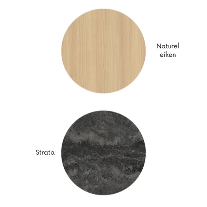 Materiaalcombinatie met naturel eiken houtlook en donkere Strata steenlook in grijszwarte tinten, weergegeven als ronde kleurstalen.