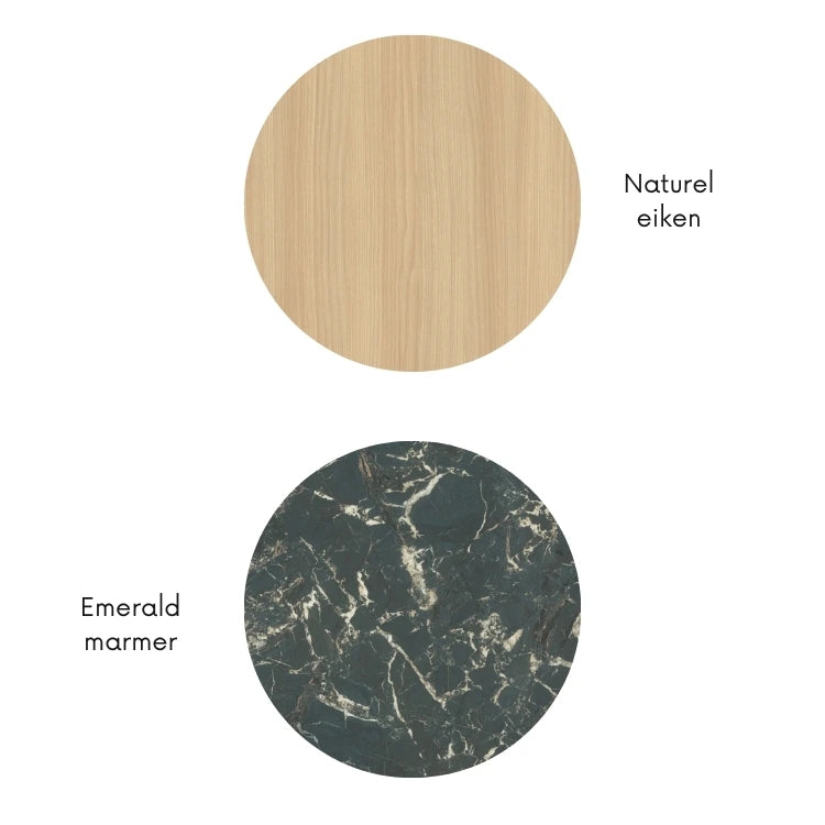 “Materiaalcombinatie met naturel eiken houtlook en donkergroene Emerald marmerlook met lichte aders, weergegeven als ronde kleurstalen.