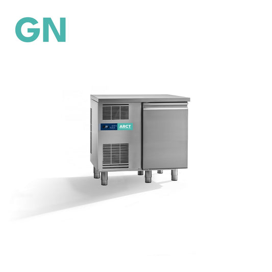 RVS koelwerkbank met één deur, standaard werkblad en ingebouwde koelunit, stekkerklaar.