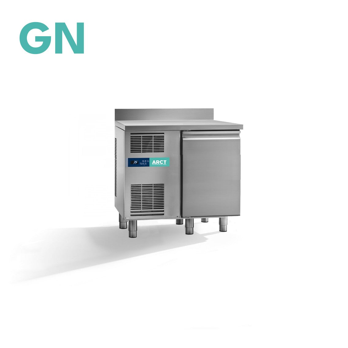 RVS koelwerkbank met 1 deur, opstaand rand werkblad, stekkerklaar en GN-formaat.