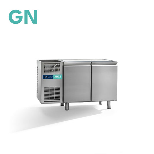 Roestvrijstalen koelwerkbank met 2 deuren, zonder werkblad, met ingebouwde koelunit aan zijkant.