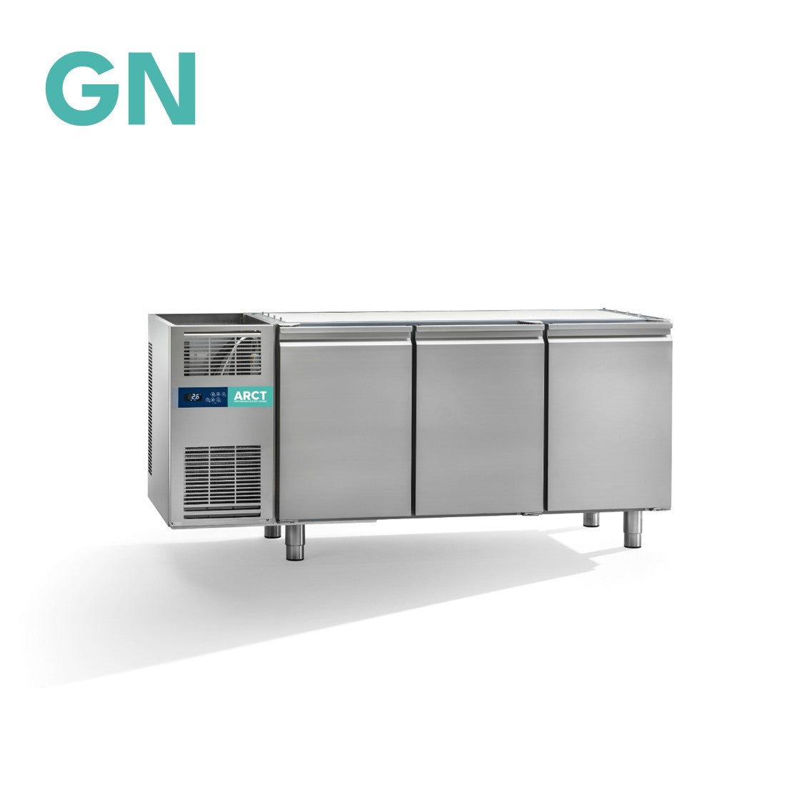 RVS koelwerkbank met drie deuren, zonder werkblad, stekkerklaar, industrieel design.