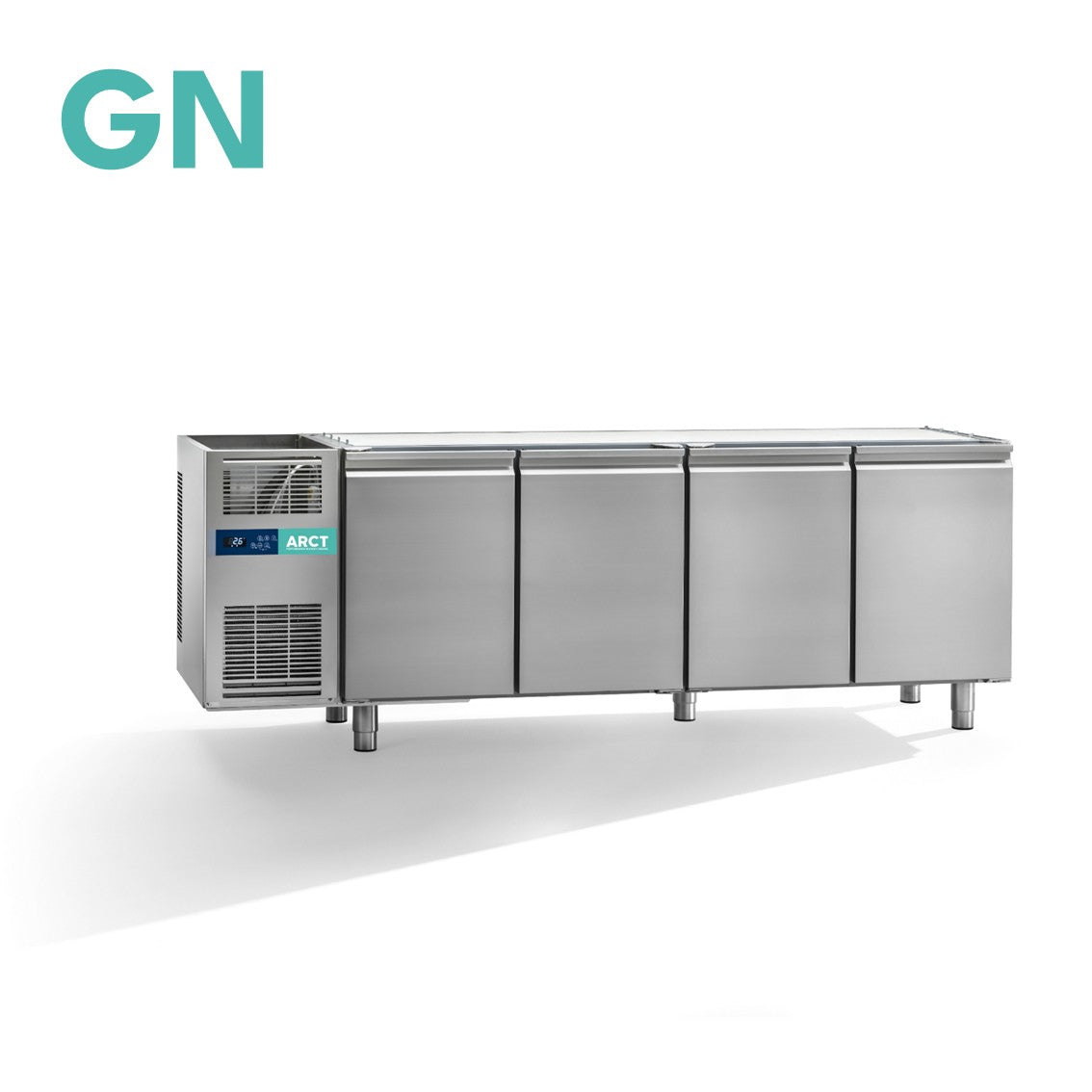 RVS koelwerkbank met vier deuren, stekkerklaar, zonder werkblad, strak design.