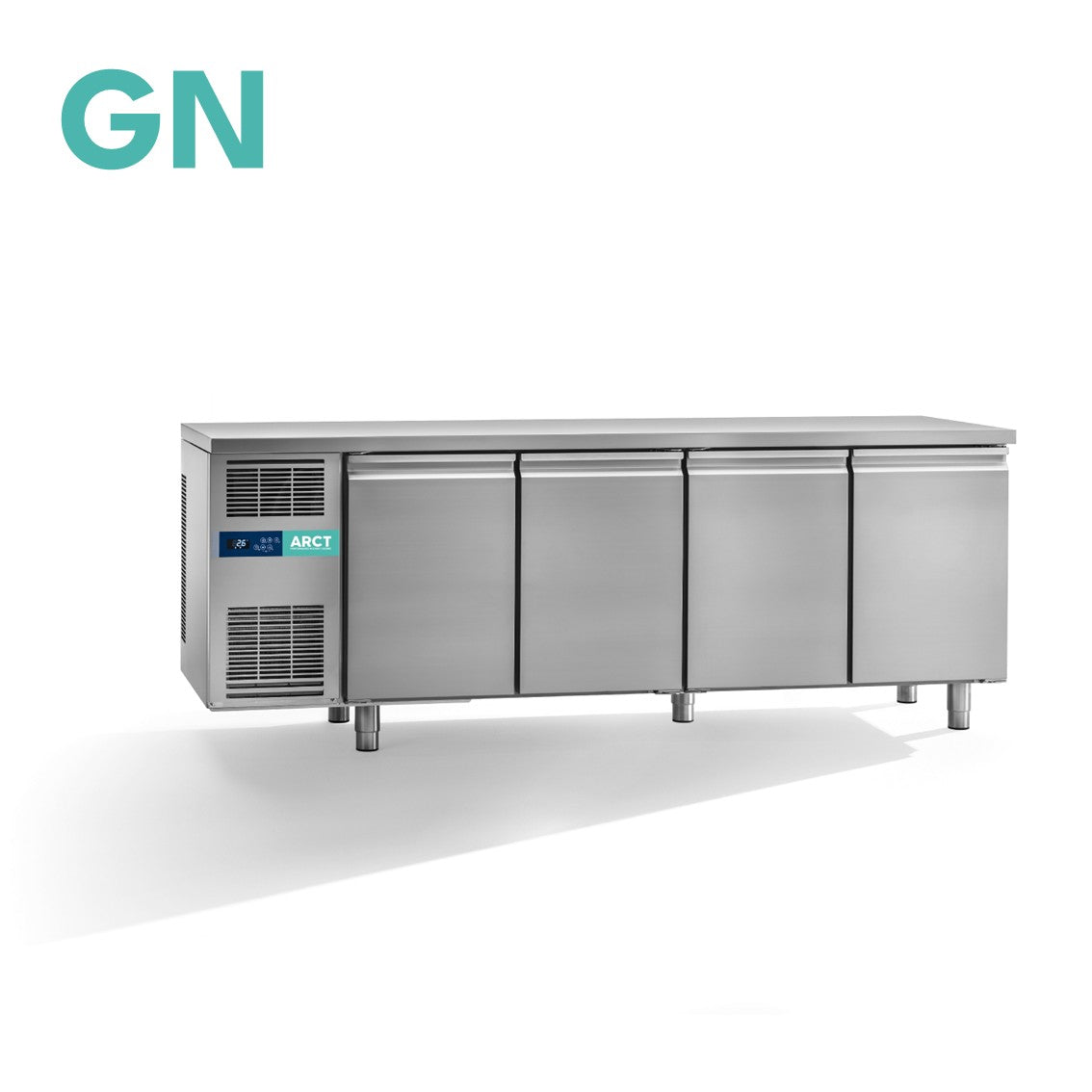 RVS koelwerkbank met 4 deuren, standaard werkblad en geïntegreerd koelsysteem, stekkerklaar.