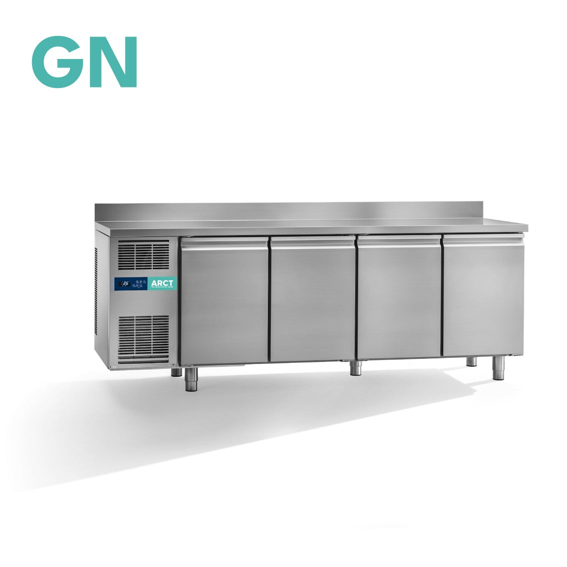 RVS koelwerkbank met vier deuren, opstaand rand werkblad en gekoeld compartiment, stekkerklaar.