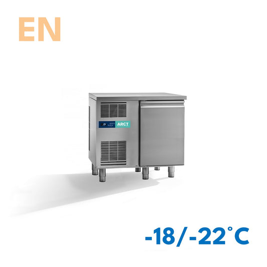 Vrieswerkbank | 1 deurs EN | standaard werkblad | stekkerklaar - Stainless steel single-door commercial freezer with standard worktop and ventilation grille on left side.