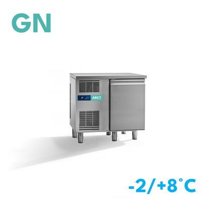 RVS dieptekoelwerkbank met één deur, ventilator en standaard werkblad, stekkerklaar, temperatuurdisplay.