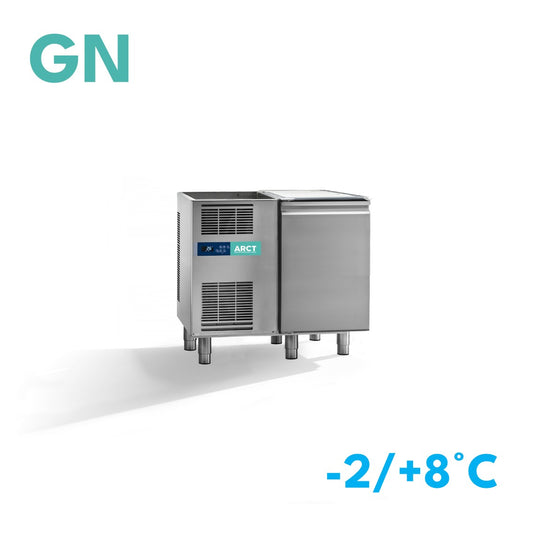 Rvs dieptekoelwerkbank met 1 deur, digitale bediening en open onderzijde zonder werkblad.