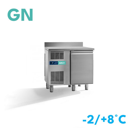 RVS dieptekoelwerkbank met 1 deur, opstaand rand werkblad en ventilatiepaneel links, stekkerklaar.