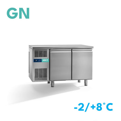 RVS dieptekoelwerkbank met 2 deuren, standaard werkblad en geïntegreerde koelunit, stekkerklaar.