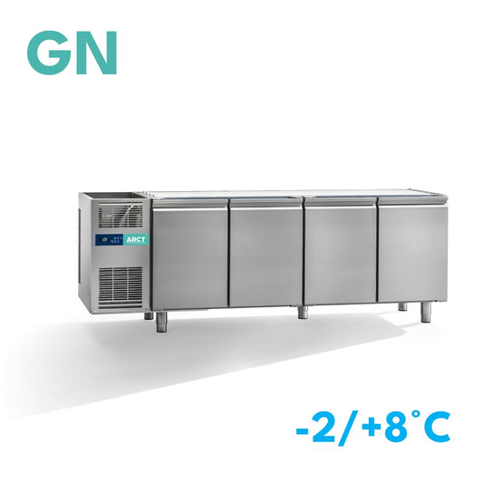 Roestvrijstalen dieptekoelwerkbank met 4 deuren, zonder werkblad, stekkerklaar, temperatuurregeling zichtbaar.