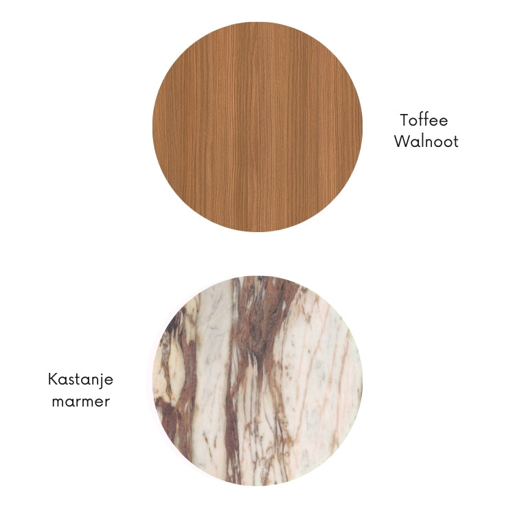 Materiaalcombinatie met toffee walnoot houtlook en kastanje marmerlook in crème-, bruin- en koperkleurige tinten, weergegeven als ronde kleurstalen.