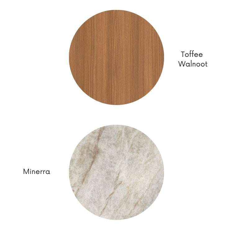 Materiaalcombinatie met toffee walnoot houtlook en lichte Minerra natuursteenlook in beige tinten, weergegeven als ronde kleurstalen.