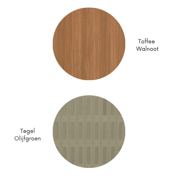 Materiaalcombinatie met toffee walnoot houtlook en olijfgroene keramische tegellook, weergegeven als ronde kleurstalen.