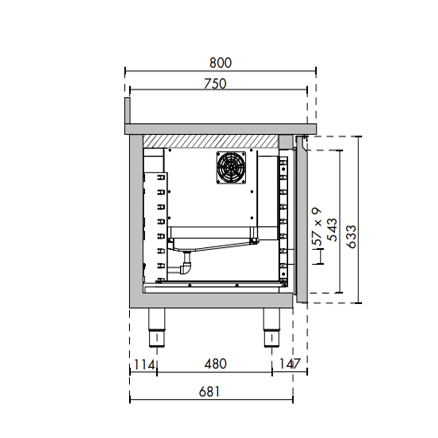 Technische tekening van een 1-deurs vrieswerkbank zonder werkblad met afmetingen en binnenventilator zichtbaar.