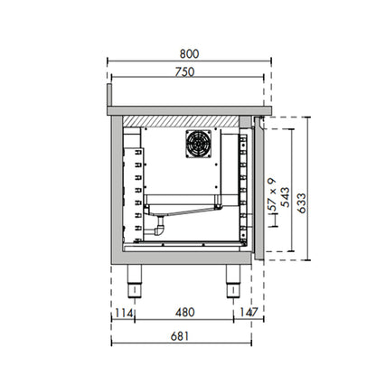 Technische tekening van een 1-deurs vrieswerkbank zonder werkblad met afmetingen en binnenventilator zichtbaar.
