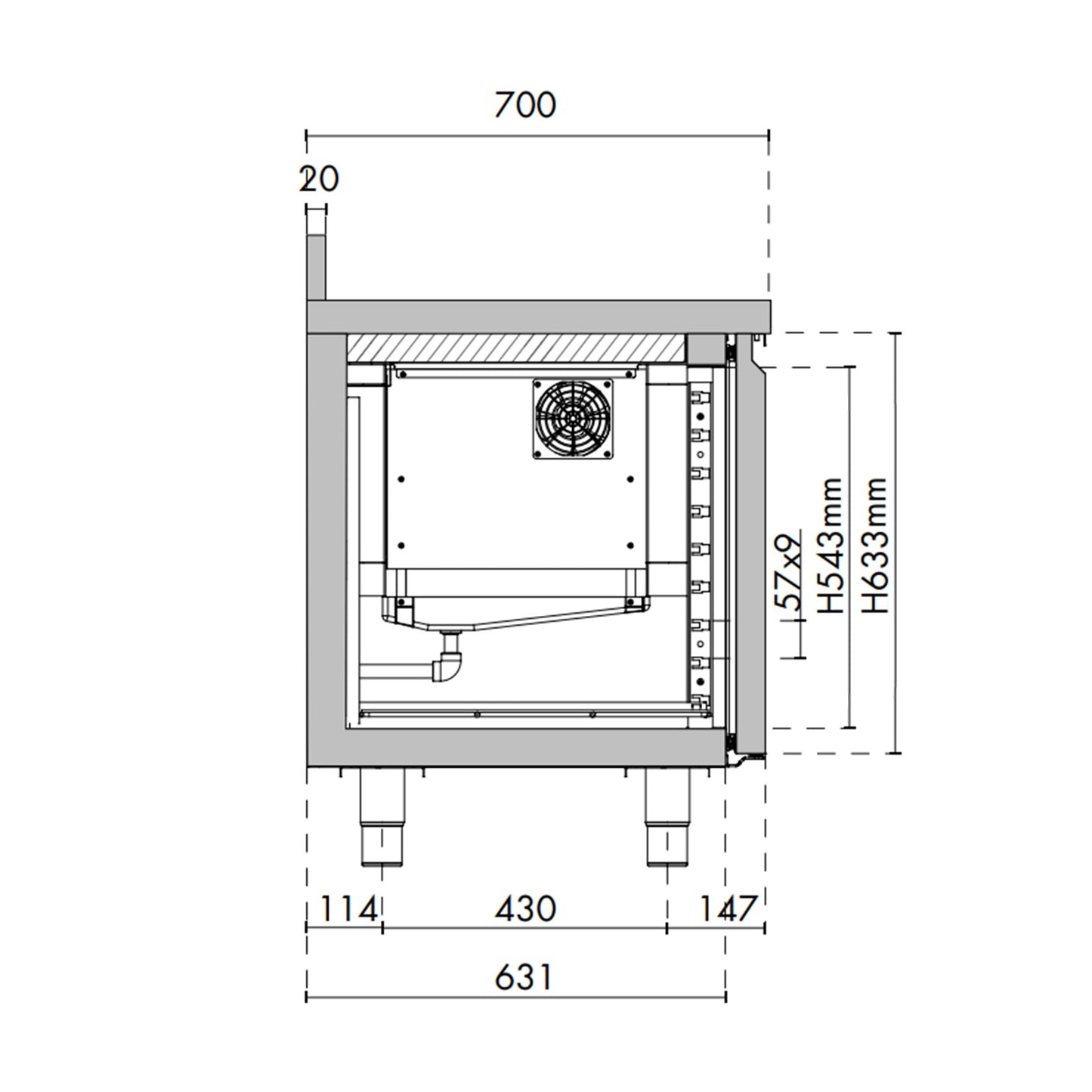 Technische tekening van 2-deurs koelwerkbank zonder werkblad met afmetingen en ventilatorunit zichtbaar.