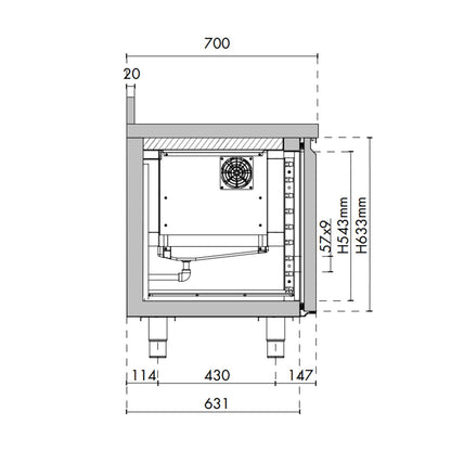 Zijaanzicht technische tekening van dieptekoelwerkbank met koelventilator en drie deuren, afmetingen weergegeven.