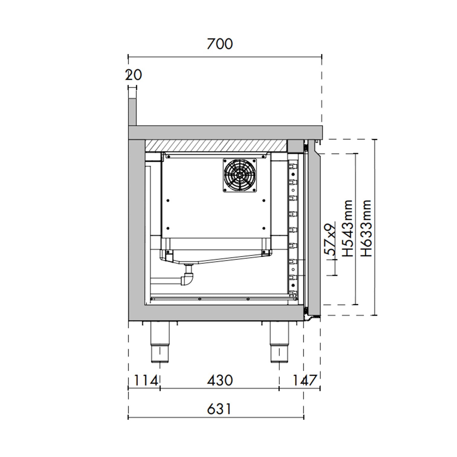 Technische tekening van een koele werkbank met een deur, zonder werkblad, met ventilatorunit, afmetingen weergegeven in.