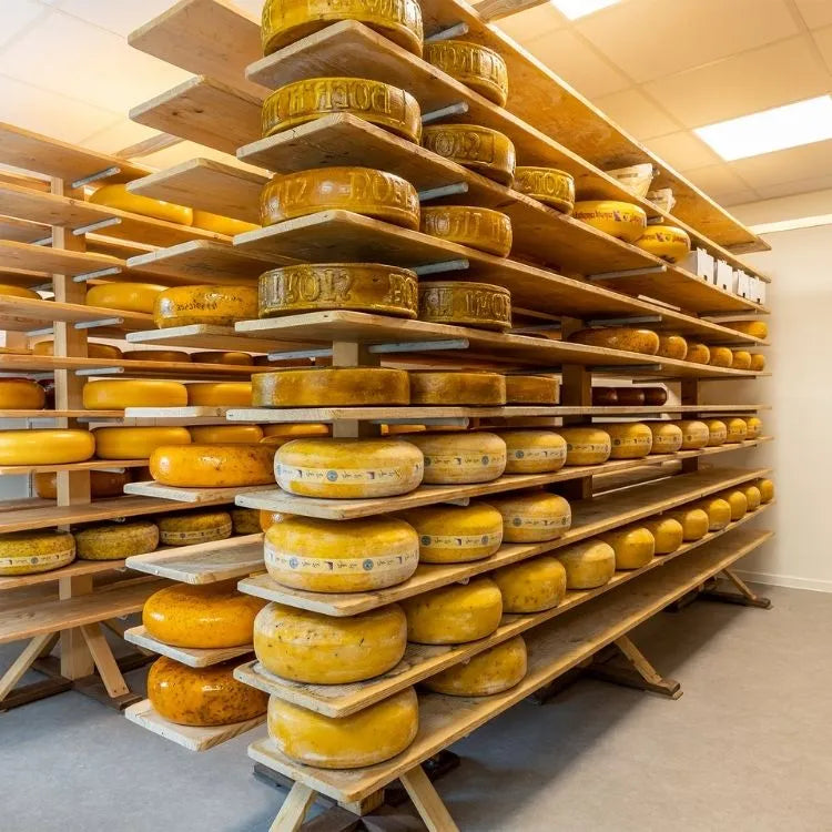 winkelinrichting op maat met houten kaasstellingen en grote kaaswielen op houten planken in kaaswinkel winkelinterieur