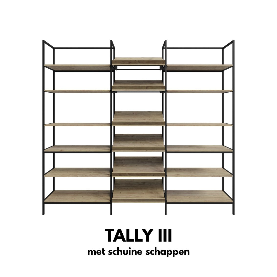 Presentatiekast TALLY I | zwart & eiken schappen