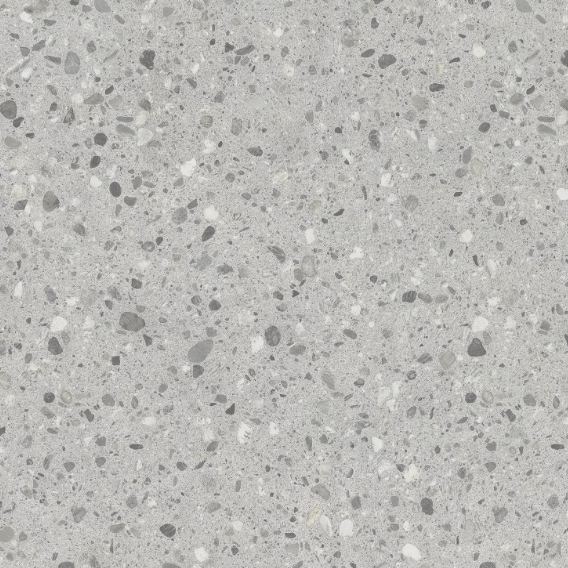 HPL plaatmateriaal Terrazzo Grijs Satin beleef je de look van gebroken marmer of granietkorrels in cement. 